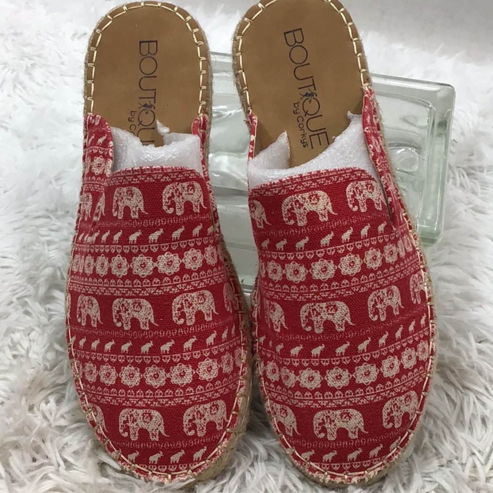 Boutique by Corky’s red elephant mules NWOT